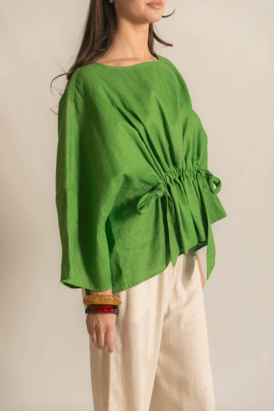 Linen Half Sleeve Waist Tie Top