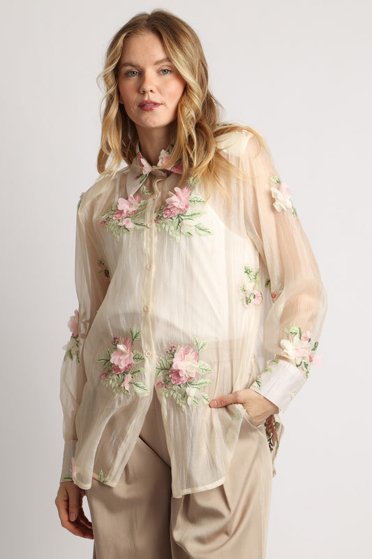 L/S Blouse with Flowers Ivory Multi O/S