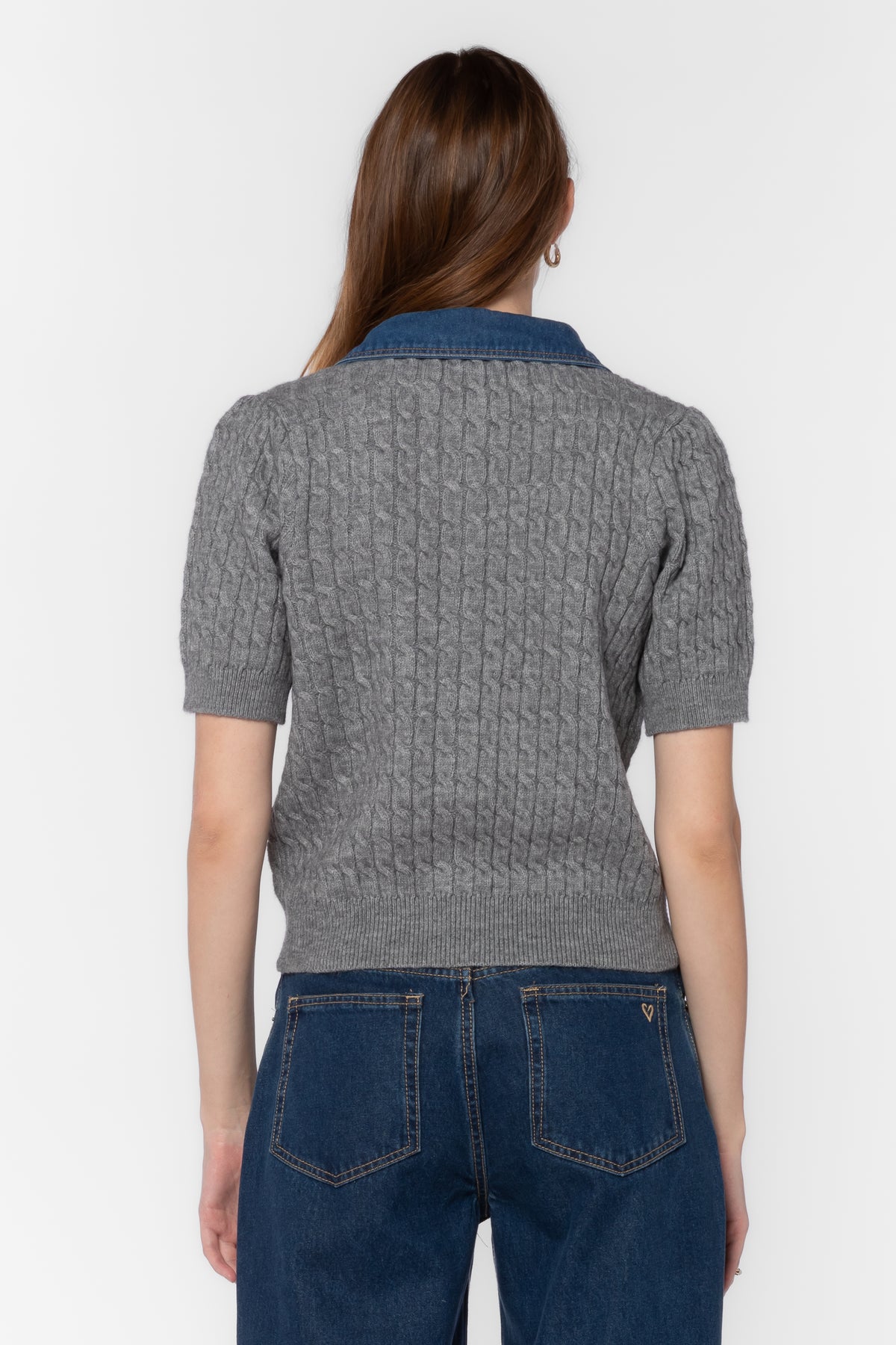 Cable Knit Cardigan/Denim Collar