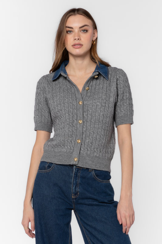 Cable Knit Cardigan/Denim Collar