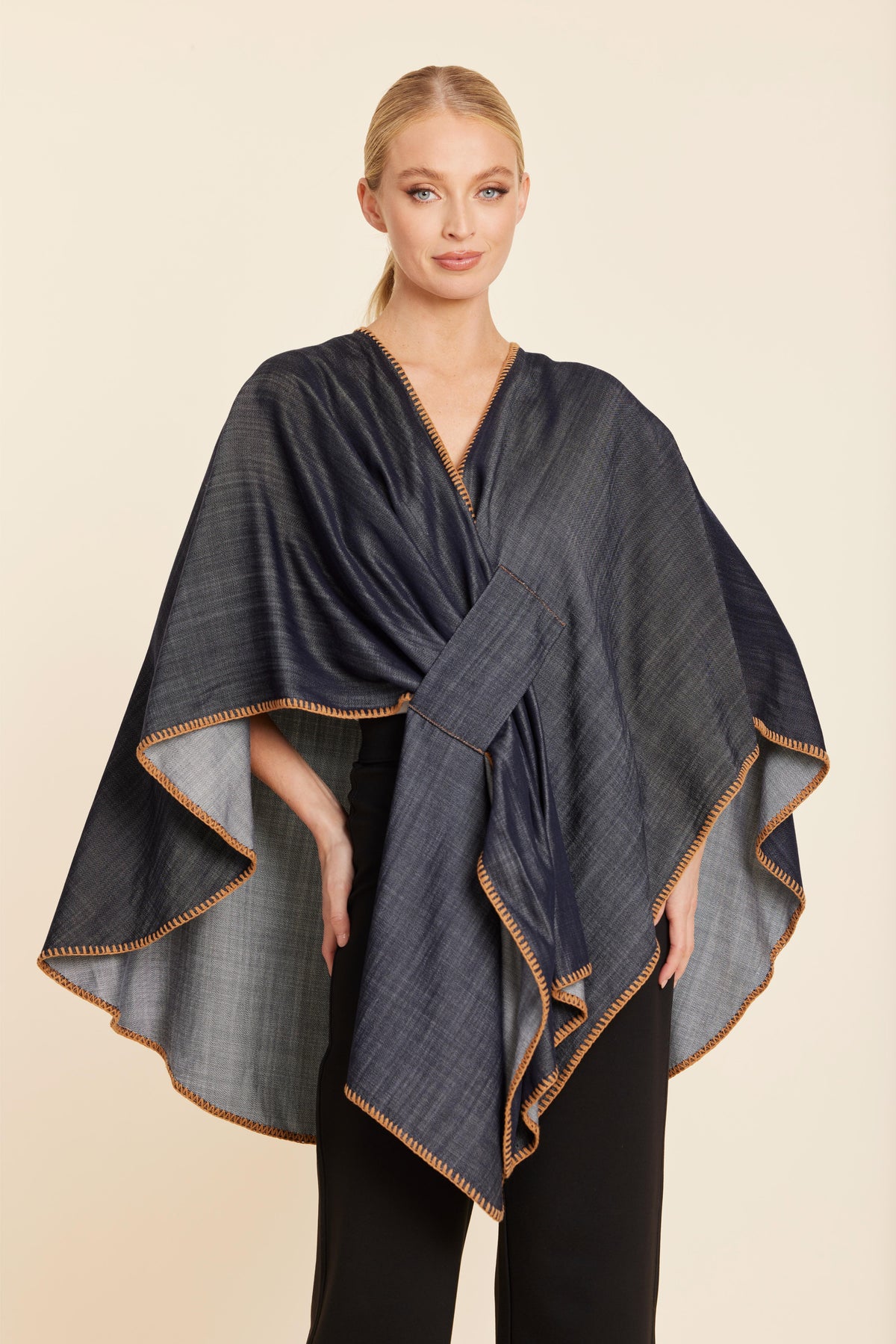 Denim Cape with Blanket Stitching One Size