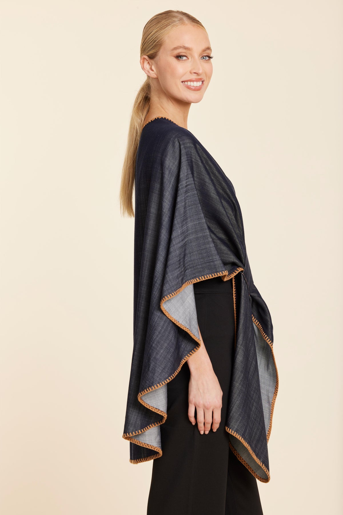 Denim Cape with Blanket Stitching One Size