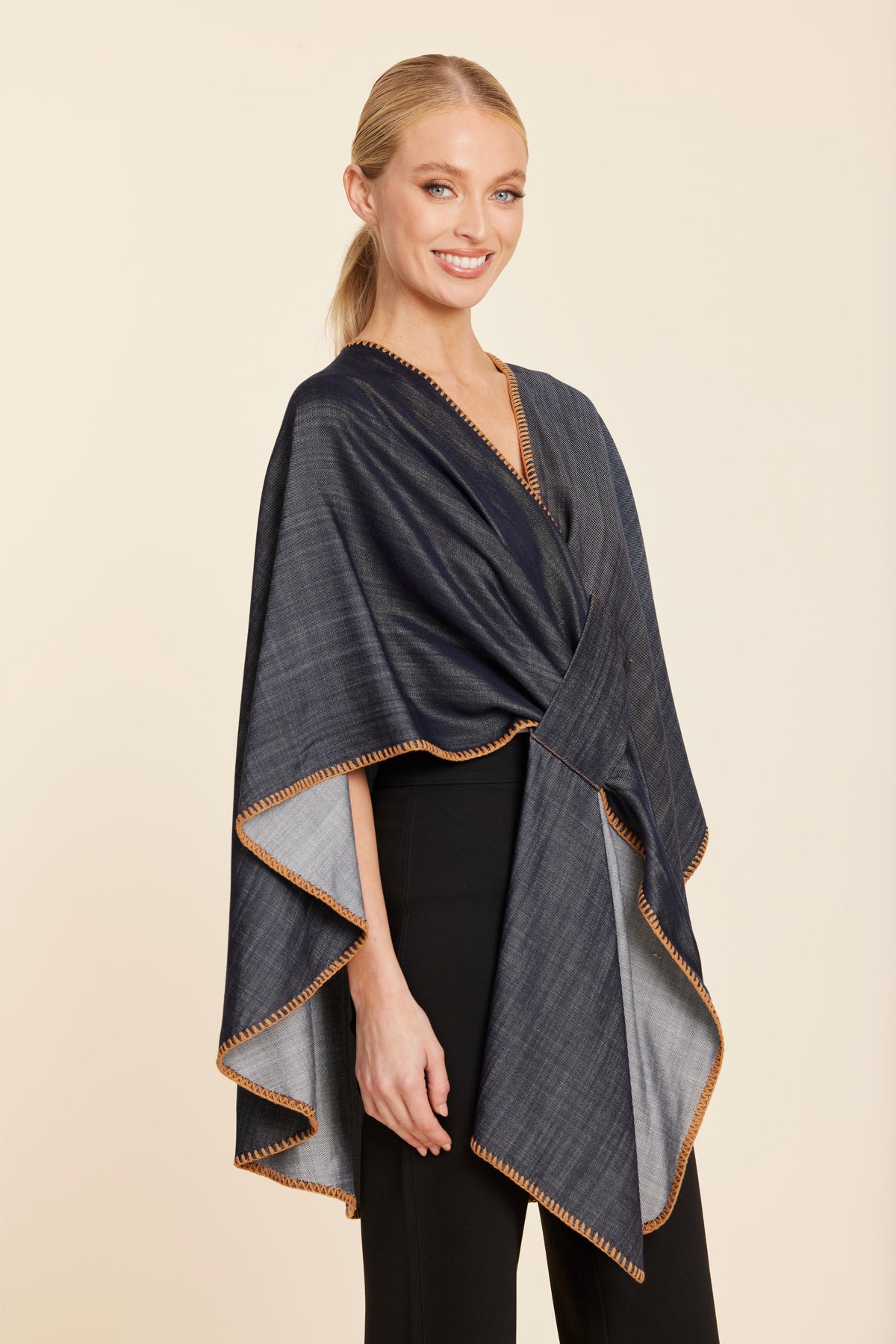Denim Cape with Blanket Stitching One Size