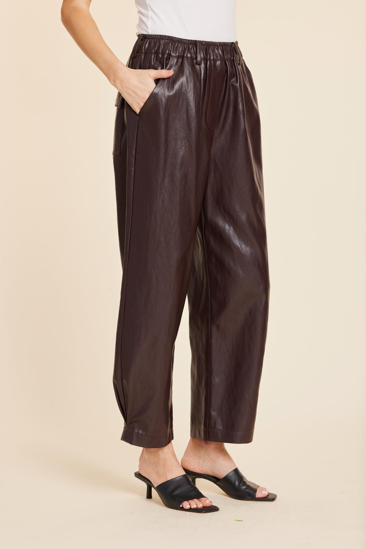 Vegan Lthr Pleat Eggplant Pant