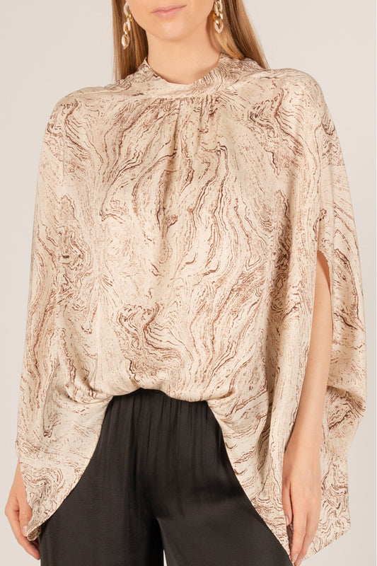 Satin Print Mock Neck Tie Back