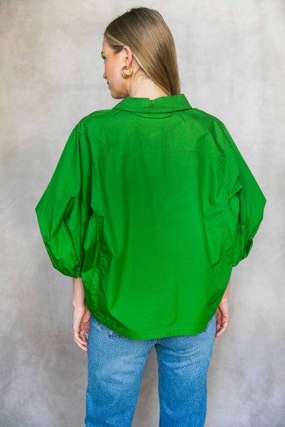 Poplin Bishop Sleeve Button Up Top