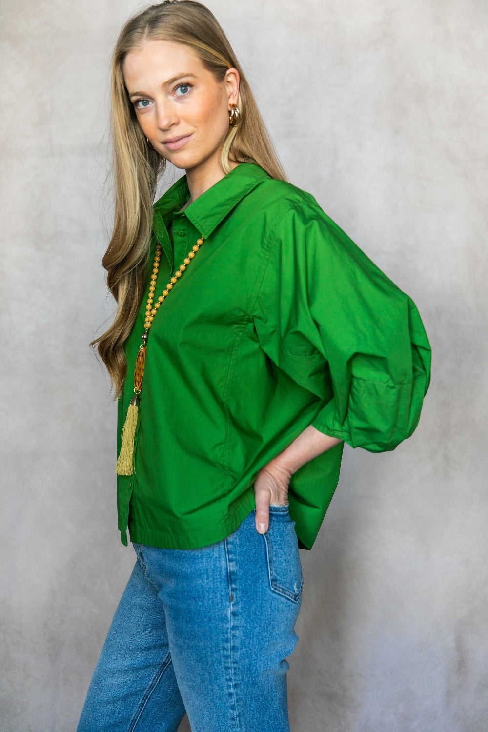 Poplin Bishop Sleeve Button Up Top