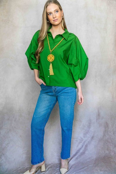 Poplin Bishop Sleeve Button Up Top