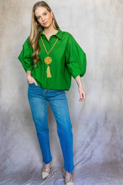 Poplin Bishop Sleeve Button Up Top