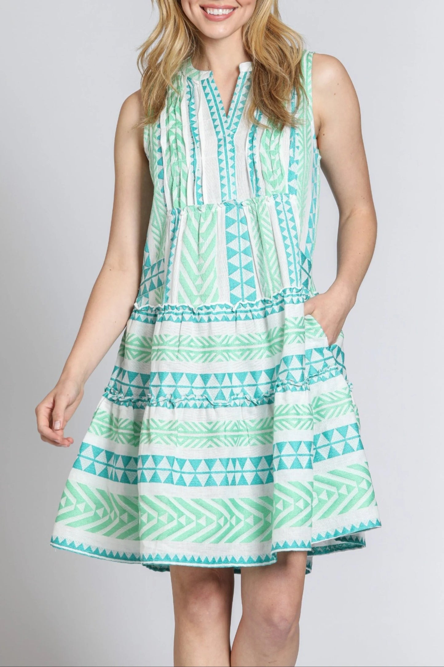 S/L Pin-Tuck Detail Dress-Green Multi