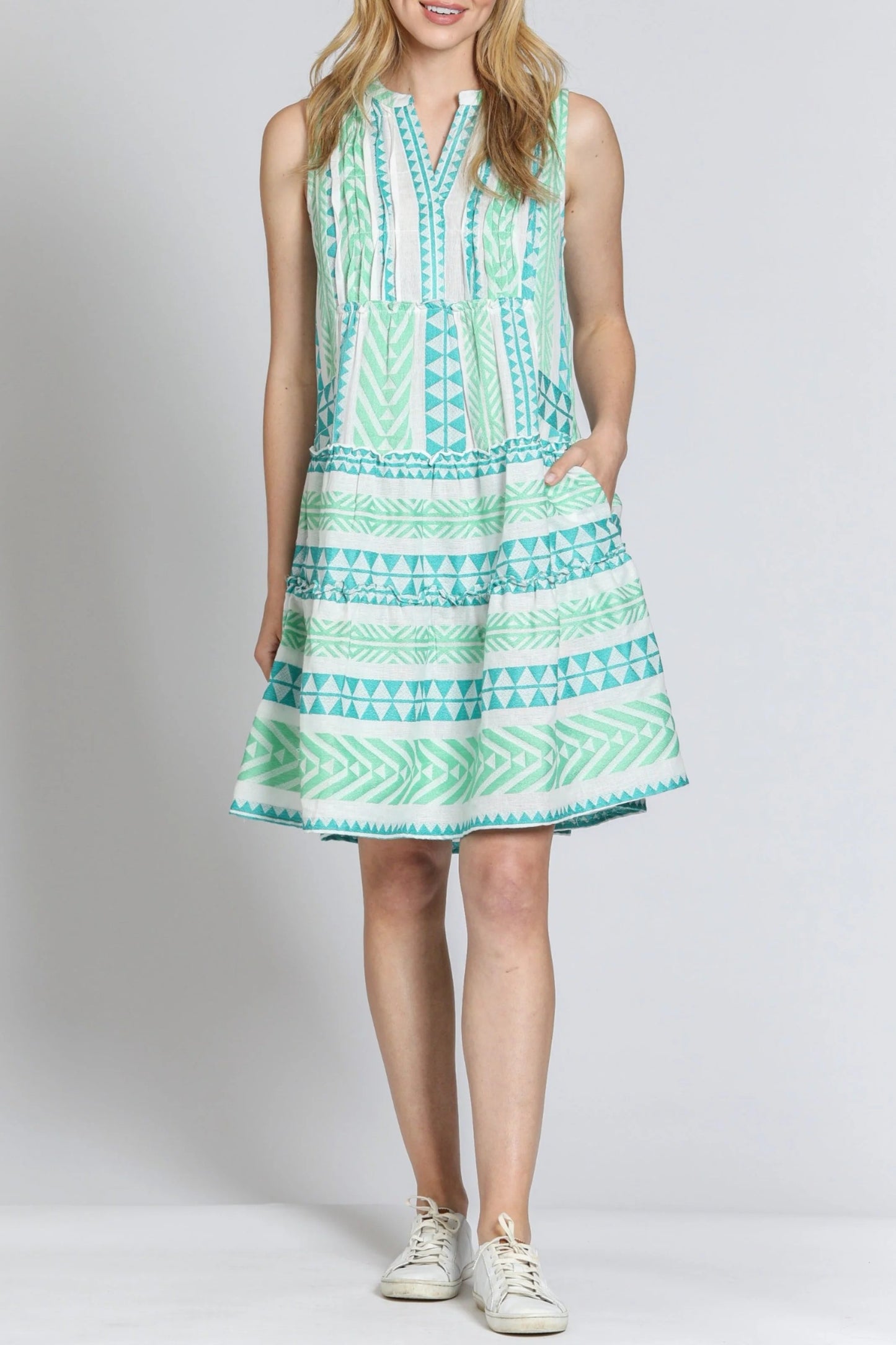 S/L Pin-Tuck Detail Dress-Green Multi