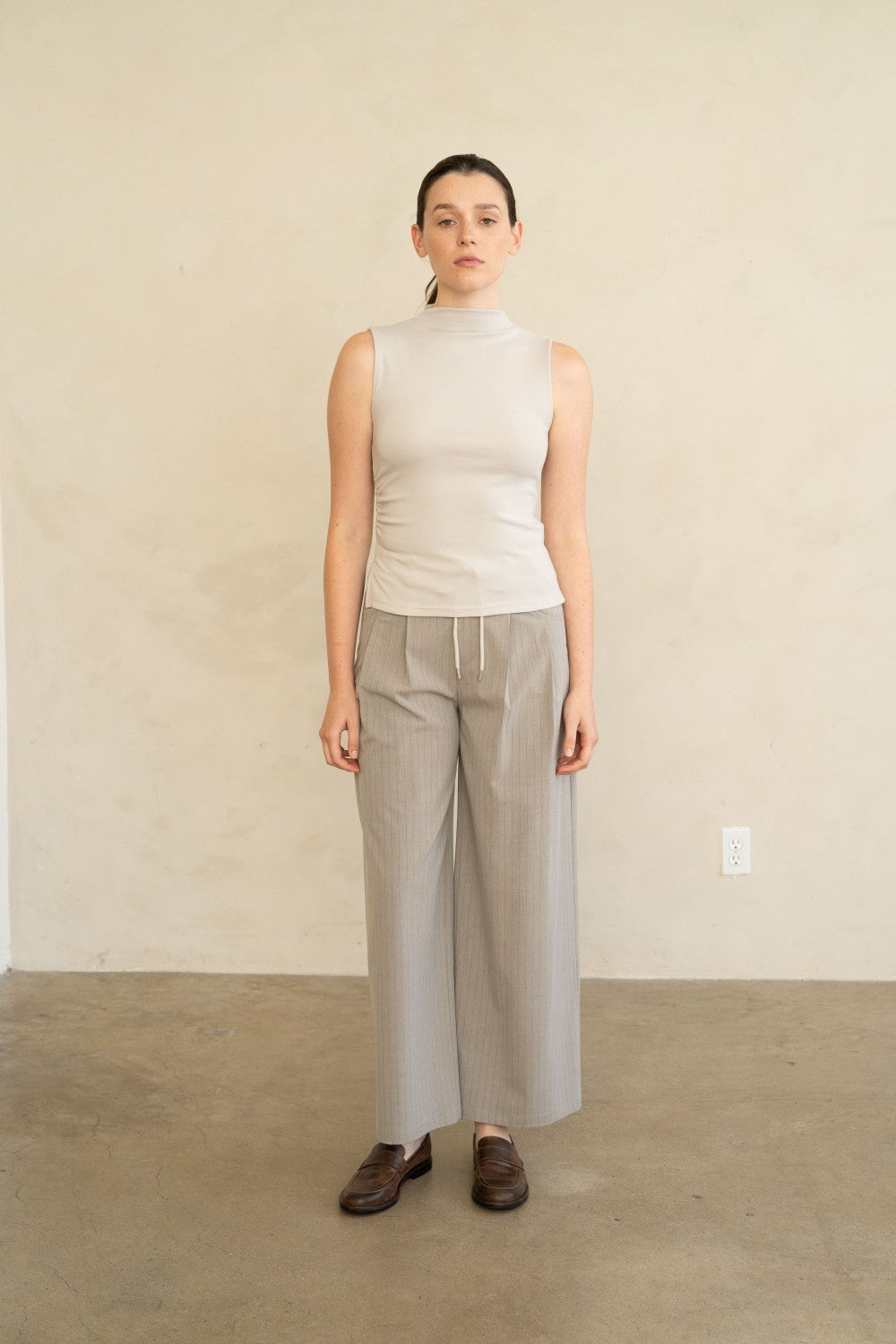 Beige Pinstripe Wide Leg Trouser
