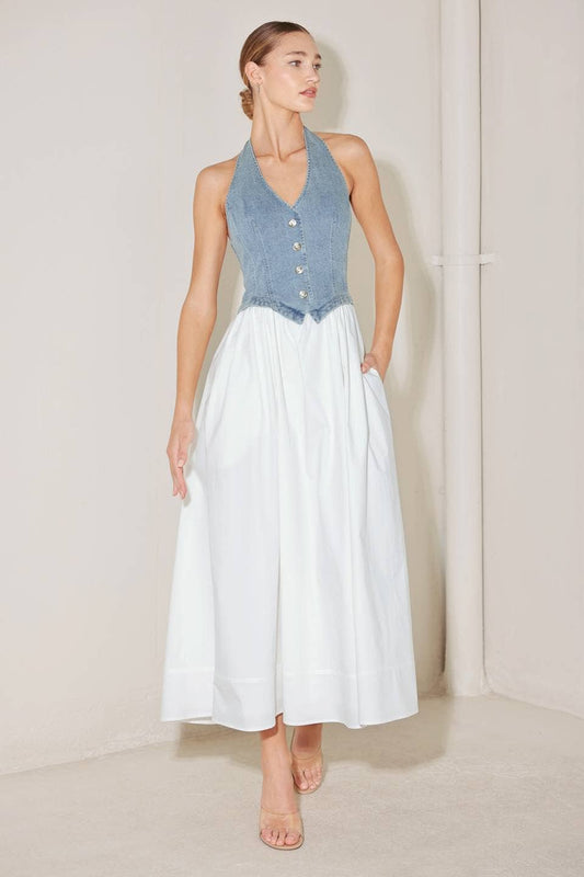 Woven midi dress DENIM/ WHITE