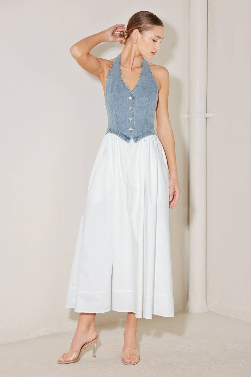 Woven midi dress DENIM/ WHITE