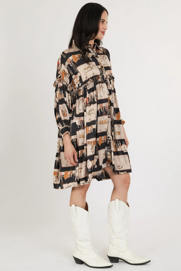 Horse Printed Frill Satin Midi Dress - One Size