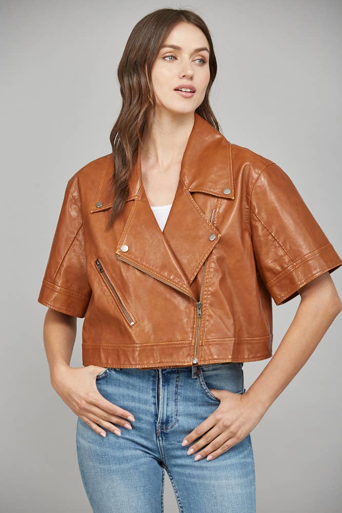 Notch Lapel Collar Short SLV Faux Leather Jacket