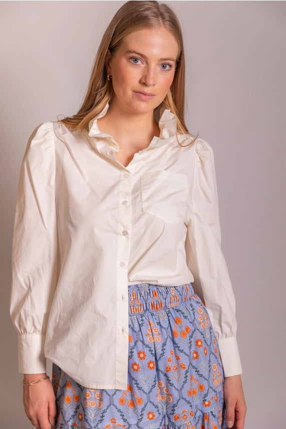 Ruffled Collar Gathered Cream Shirt