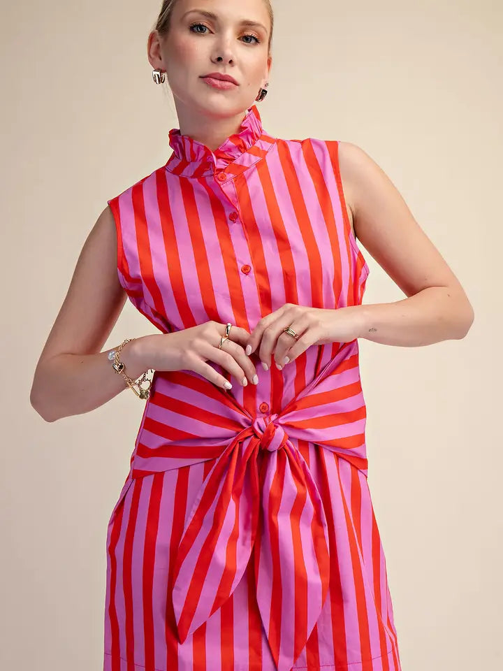 Ruffle Neck Strip Tie Detail Dress