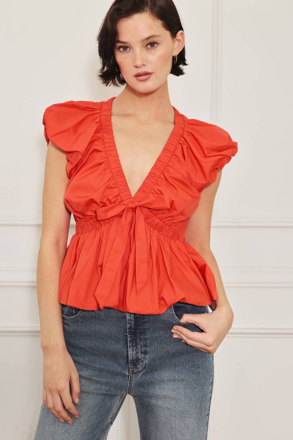 Woven Top Bubble Sleeve & Hem-Orange