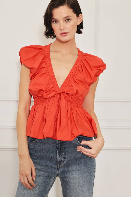 Woven Top Bubble Sleeve & Hem-Orange