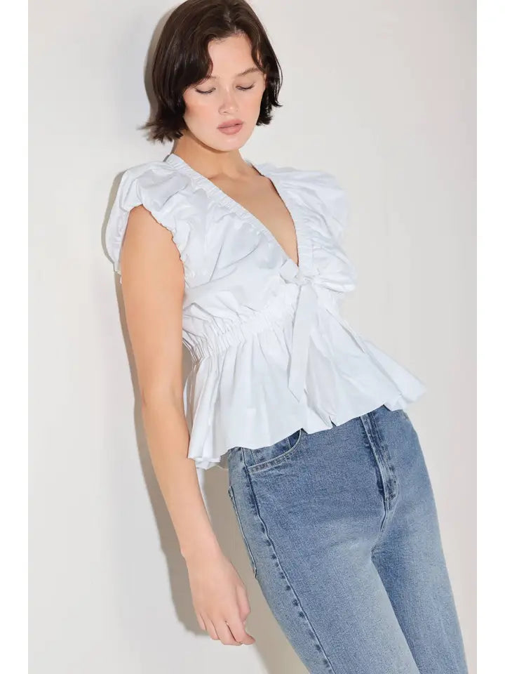 Woven White Top Bubble Sleeve & Hem