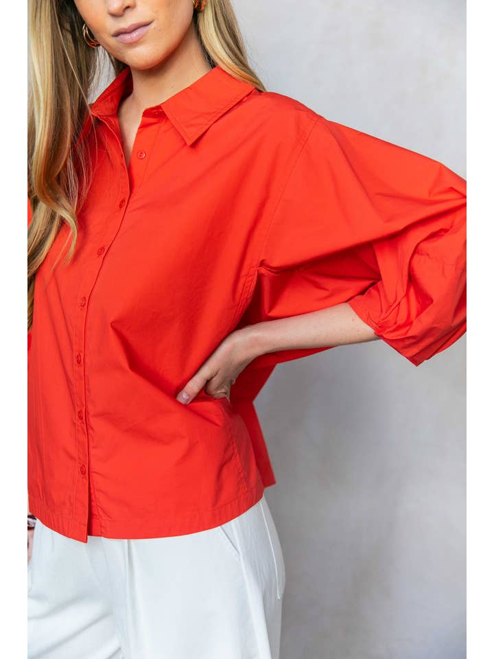 Poplin Bishop Sleeve Button Up Shirt