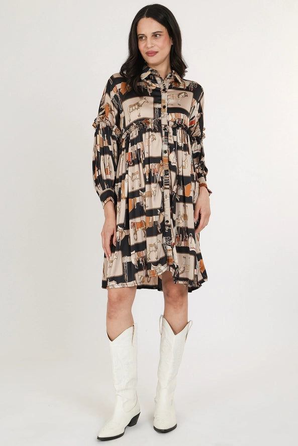 Horse Printed Frill Satin Midi Dress - One Size