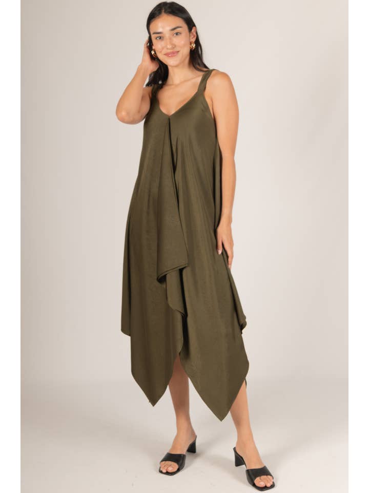 Textured Satin V-Neck Sharkbite Hem Dress