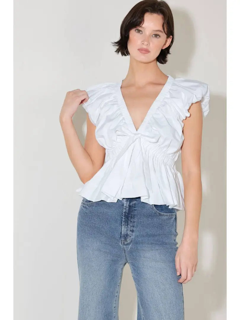 Woven White Top Bubble Sleeve & Hem
