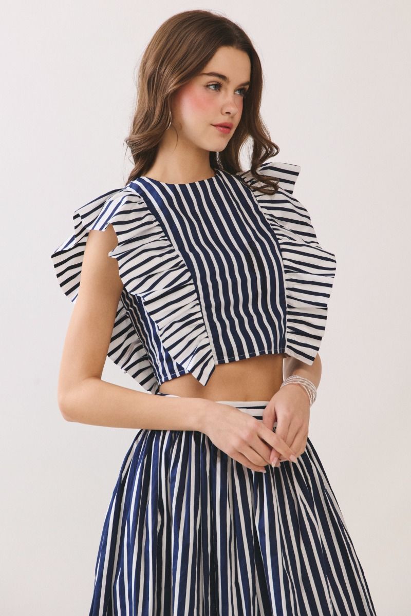 Multi Stripes Crop Top Back Zipper Navy