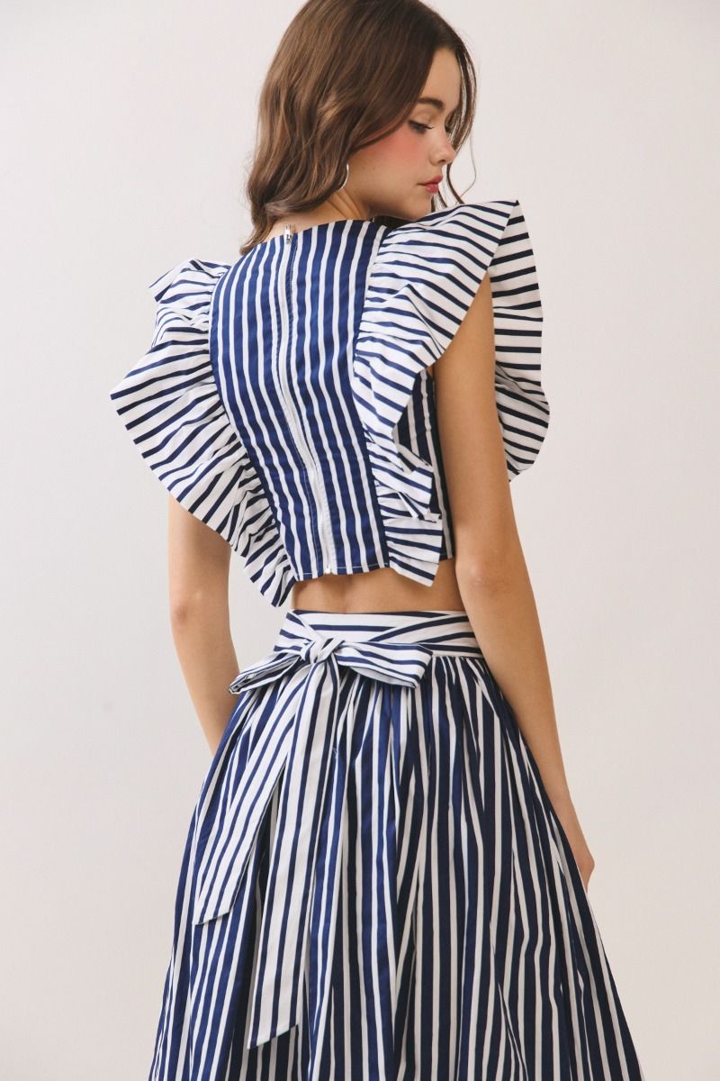 Multi Stripes Crop Top Back Zipper Navy