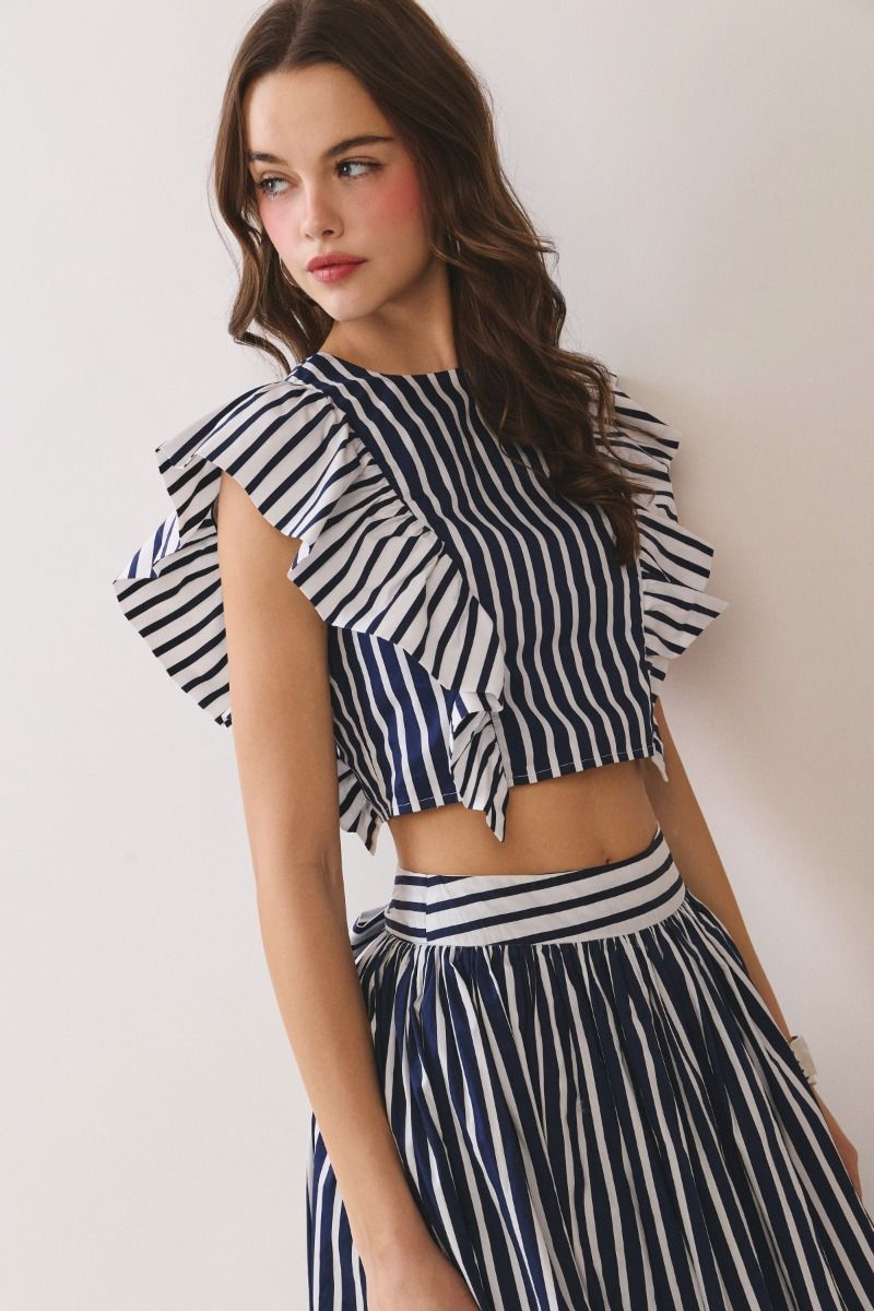 Multi Stripes Crop Top Back Zipper Navy