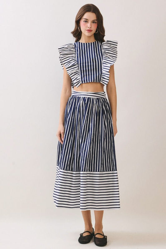 Multi Stripes Crop Top Back Zipper Navy