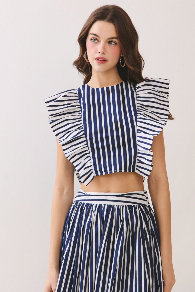 Multi Stripes Crop Top Back Zipper Navy