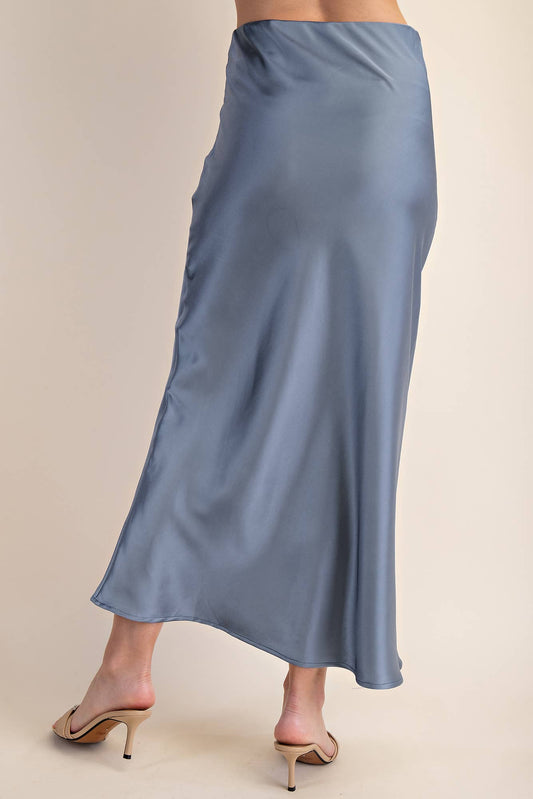 Waist Elastic Band Midi Skirt-Dusty Blue