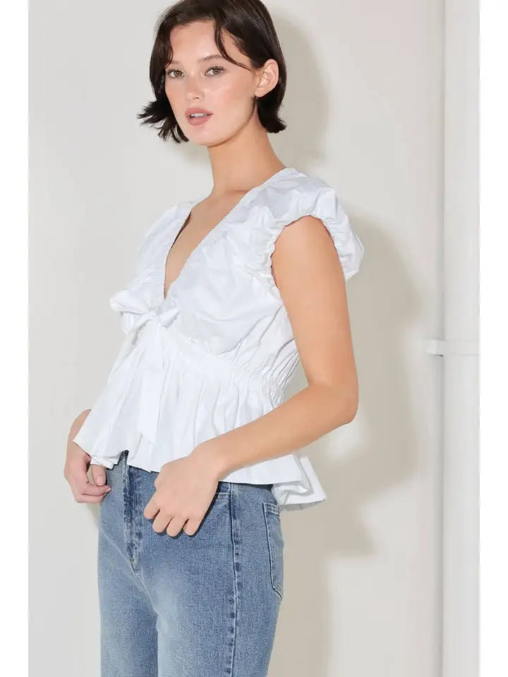 Woven White Top Bubble Sleeve & Hem