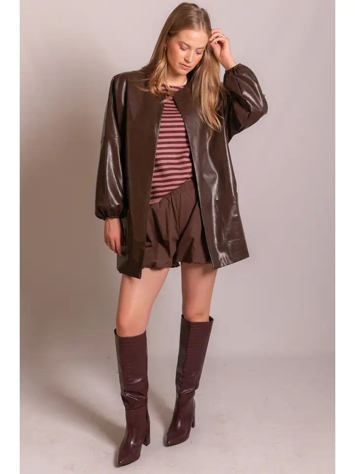 Faux Leather Billowy Sleeve Jacket