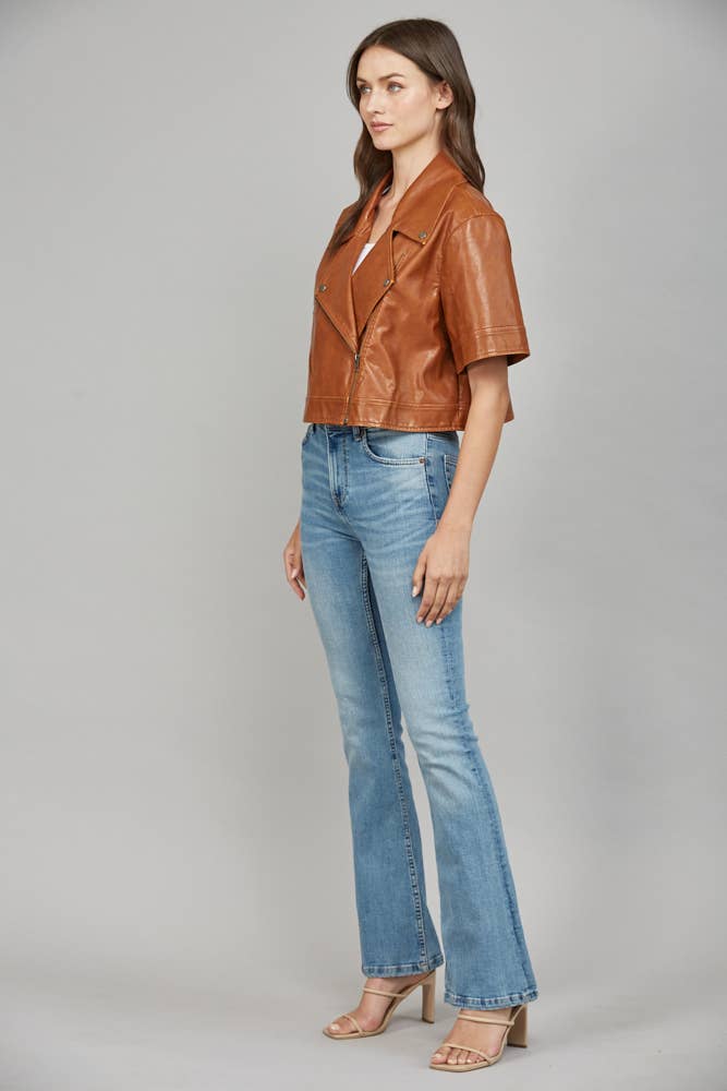 Notch Lapel Collar Short SLV Faux Leather Jacket