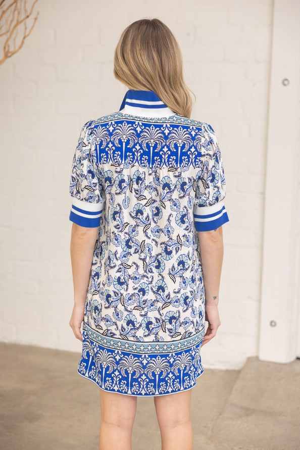 Three Quarter Zip High Neck Paisley Border Dress