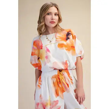 Flower Print Balloon Crop Blouse