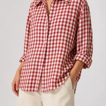 Linen Blend Relaxed Red Gingham Shirt