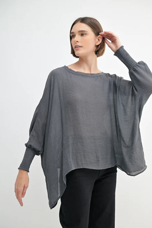 Oversized Top with Smocked Cuff Sleeves