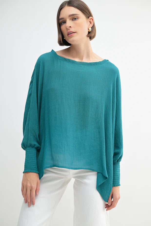 Oversized Top with Smocked Cuff Sleeves