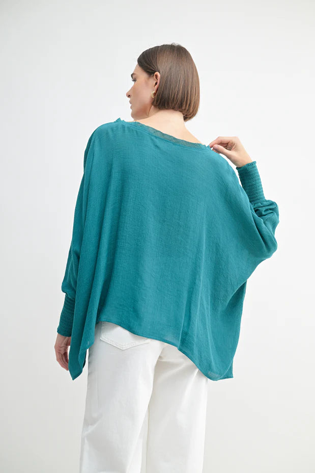 Oversized Top with Smocked Cuff Sleeves