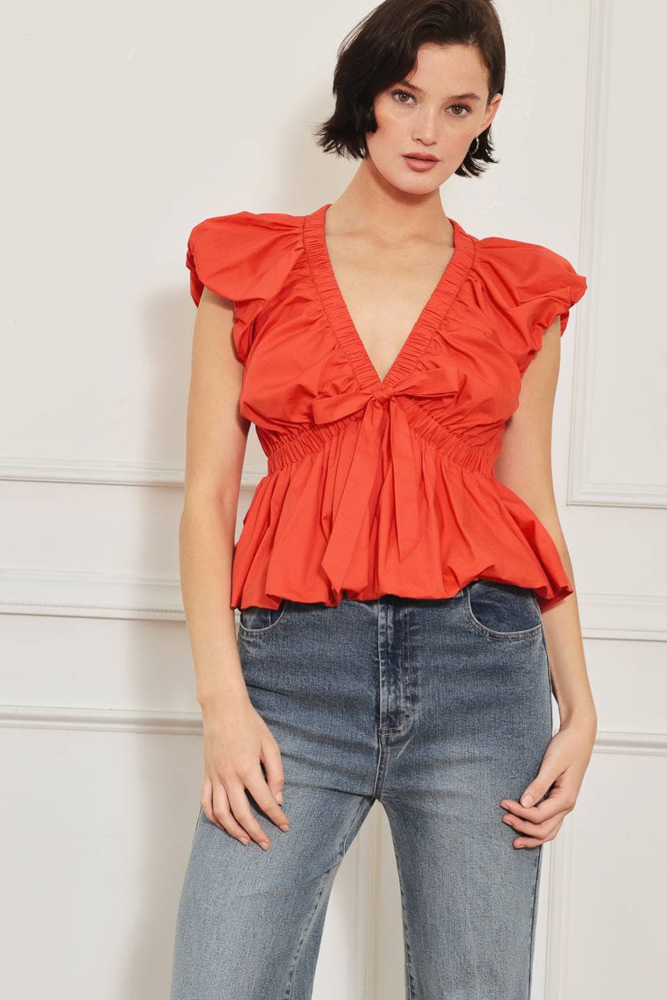 Woven Top Bubble Sleeve & Hem-Orange