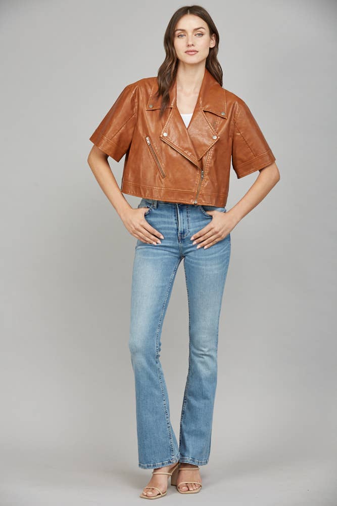 Notch Lapel Collar Short SLV Faux Leather Jacket