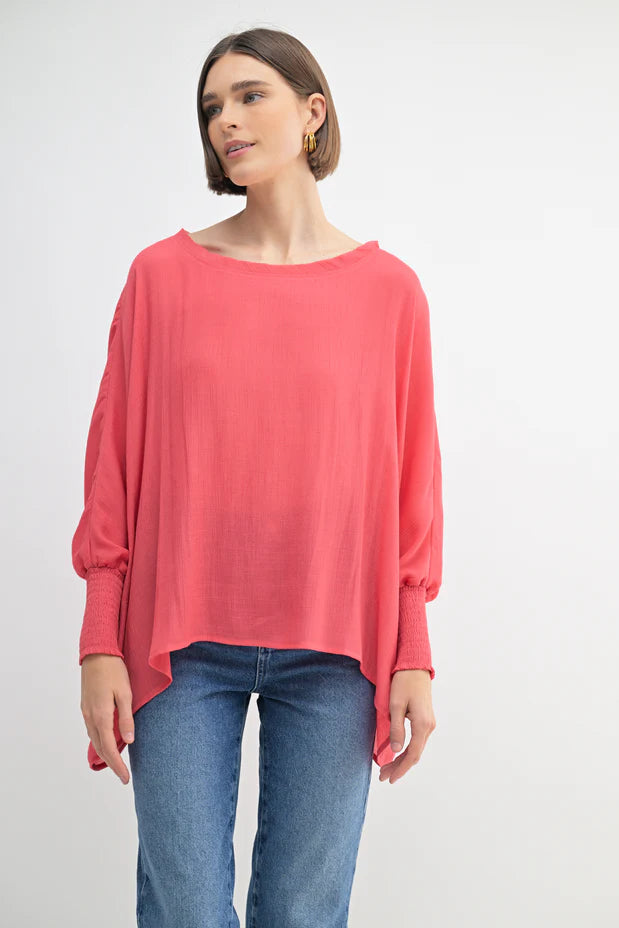 Oversized Top with Smocked Cuff Sleeves