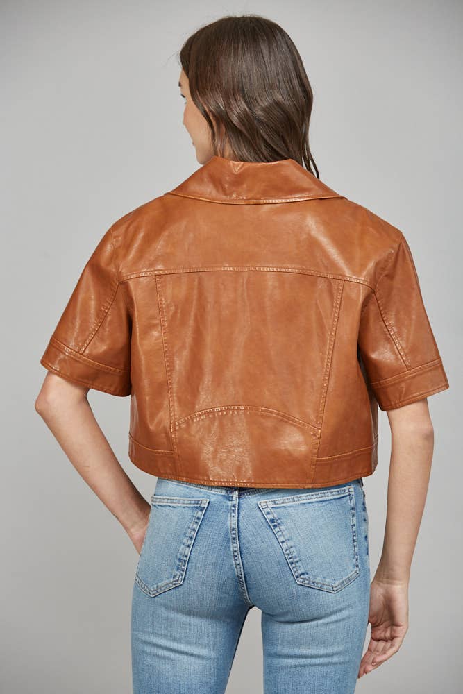 Notch Lapel Collar Short SLV Faux Leather Jacket