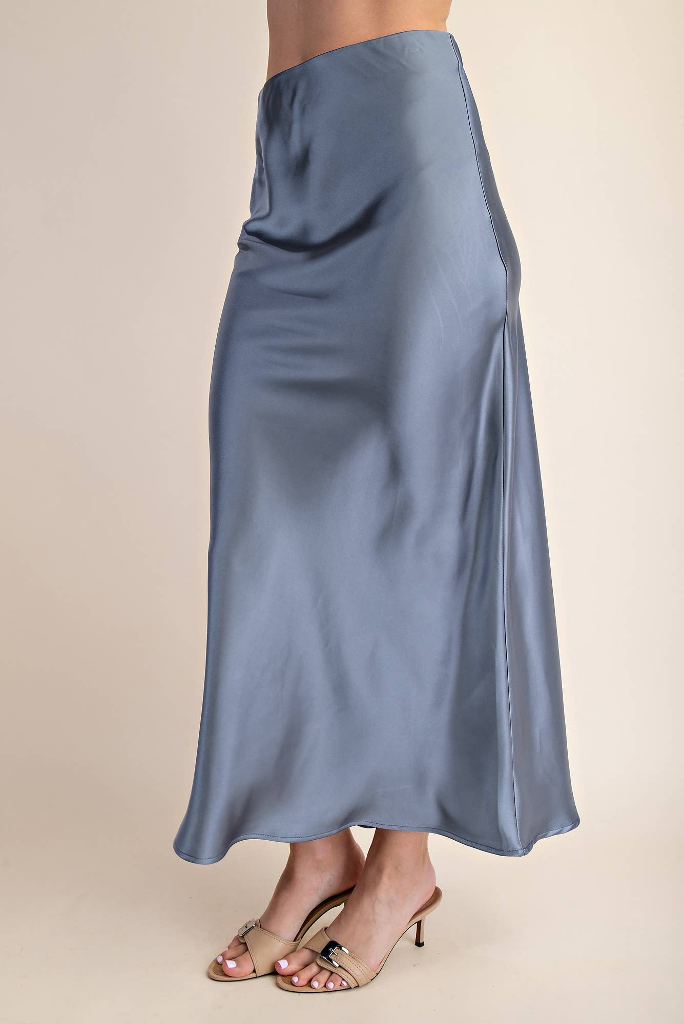 Waist Elastic Band Midi Skirt-Dusty Blue