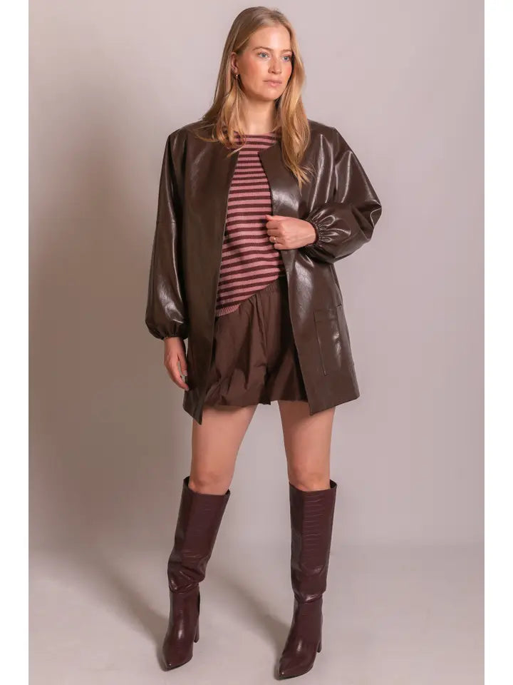 Faux Leather Billowy Sleeve Jacket